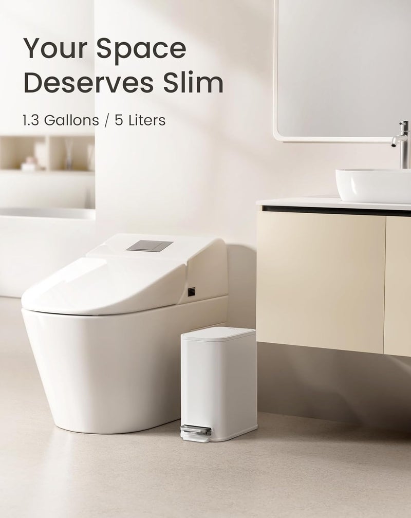Cesun Small Bathroom Trash Can with Lid Soft Close, Step Pedal, 5 Liter / 1.3 Gallon Stainless Steel Garbage Can with Removable Inner Bucket, Waste Basket for Bathroom, Bedroom (White) - Image 2